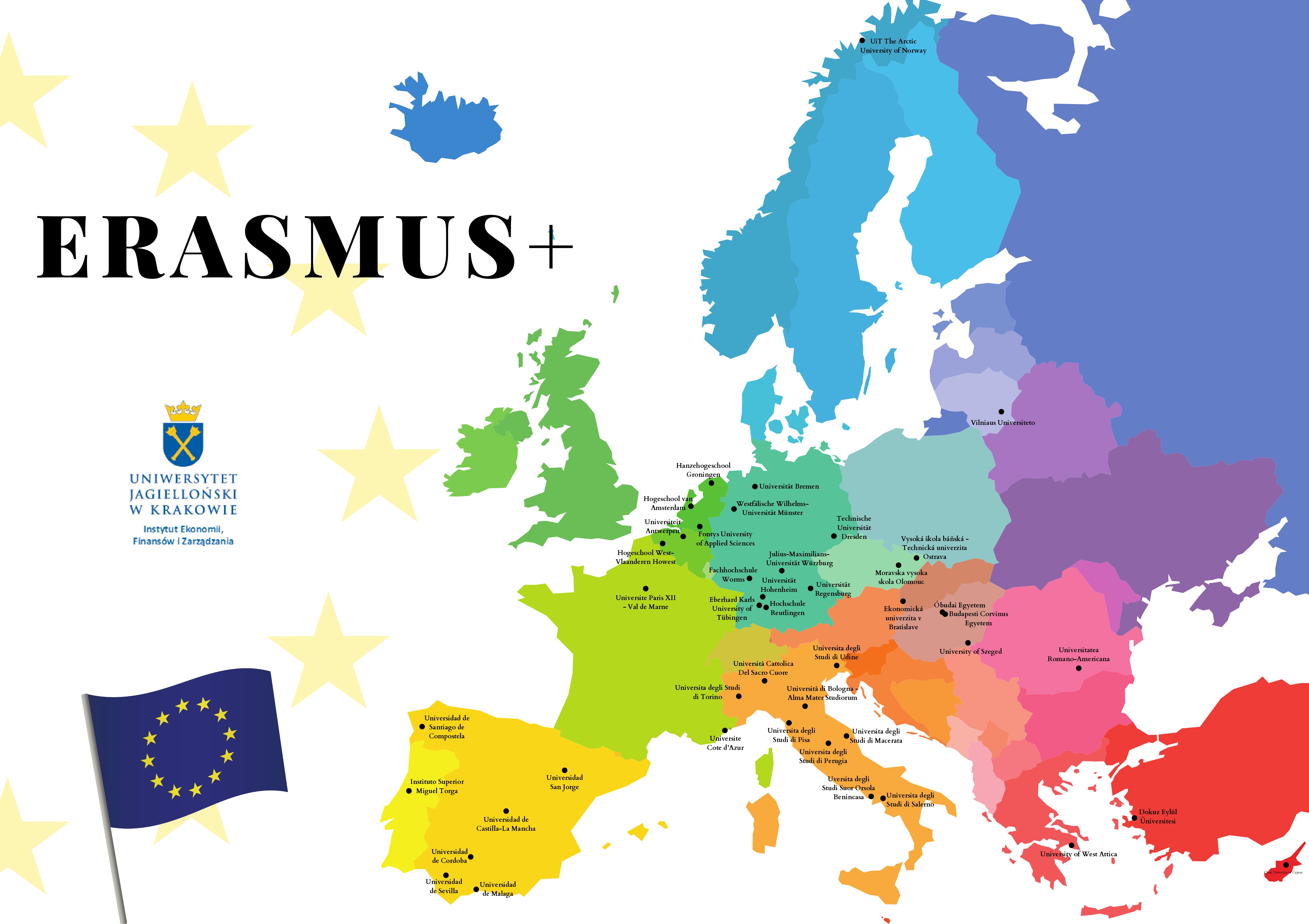 Mapa Europy, przedstawiajaca miejsca wymiany zagranicznej ERASMUS